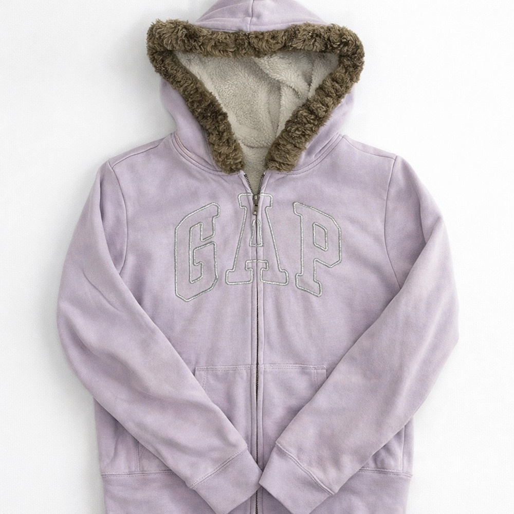 Purple/Silver Gap Zip Up Sweatshirt with Fur Hood - Y2K / Vintage Item